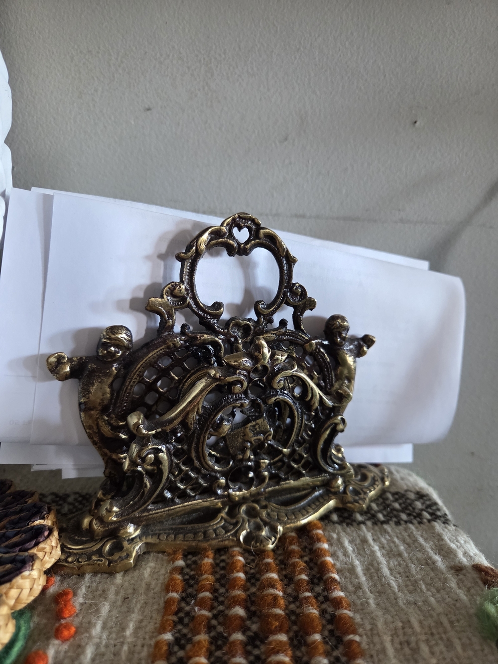 Ornate Antique Brass Letter Holder - Gold Tone